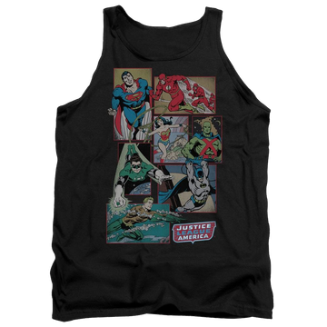 Black men's tank with DC Comics Justice League Boxes graphic