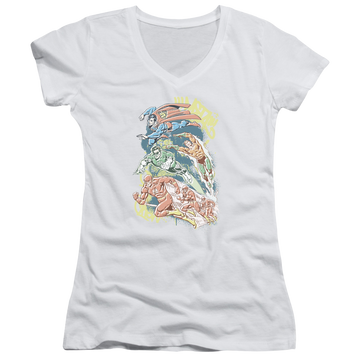 DC Comics Halftone League - Juniors V-Neck T-Shirt Juniors V-Neck T-Shirt Justice League   