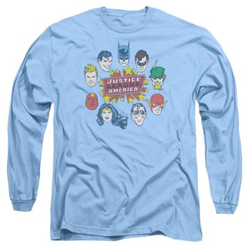 Carolina blue men's long sleeve t-shirt with Justice League DC Comics Justice Head Circle graphic
