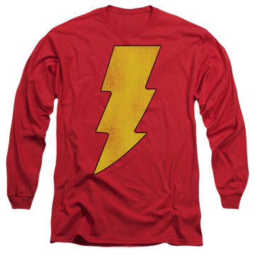 Red men's long sleeve t-shirt with DC Comics Shazam Logo Distressed graphic
