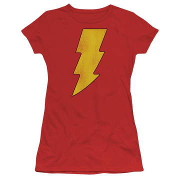 Red juniors t-shirt with DC Comics Shazam Logo Distressed graphic