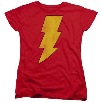 Red women's t-shirt with DC Comics Shazam Logo Distressed graphic