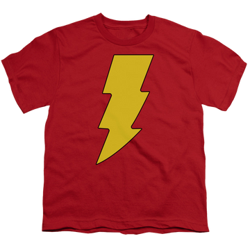 Red youth t-shirt for ages 8 to 12 with Shazam Logo graphic