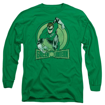 Kelly green men's long sleeve t-shirt with DC Comics Green Lantern graphic