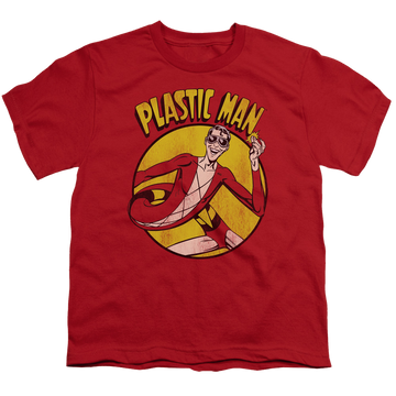Red youth t-shirt for ages 8 to 12 with Plastic Man graphic