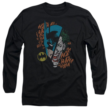 Black men's long sleeve t-shirt with Batman DC Comics Broken Visage graphic