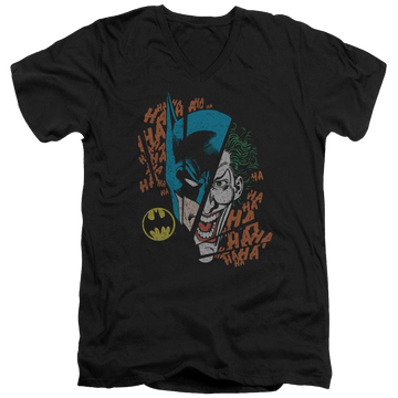 Black men's v-neck t-shirt with Batman DC Comics Broken Visage graphic