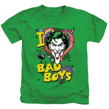 Kelly green kid's t-shirt for ages 4 to 7 with Joker I Heart Bad Boys 2 graphic