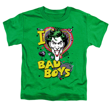 Kelly green toddler t-shirt with Joker I Heart Bad Boys 2 graphic