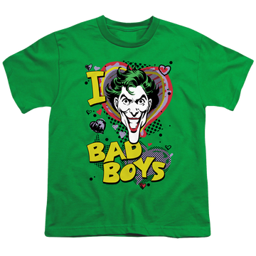 Kelly green youth t-shirt for ages 8 to 12 with Joker I Heart Bad Boys 2 graphic