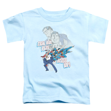 Light blue kid's t-shirt for ages 4 to 7 with Superman Real Men graphic
