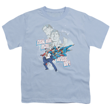 Light blue youth t-shirt for ages 8 to 12 with Superman Real Men graphic