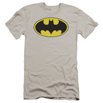 Silver men's premium slim fit t-shirt with DC Comics Batman Logo graphic