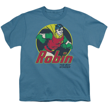 Slate youth t-shirt for ages 8 to 12 with Batman Robin The Boy Wonder graphic