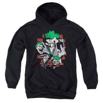Black youth hoodie for ages 8 to 12 with Joker Four Of A Kind graphic