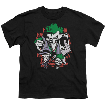 Black youth t-shirt for ages 8 to 12 with Joker Four Of A Kind graphic