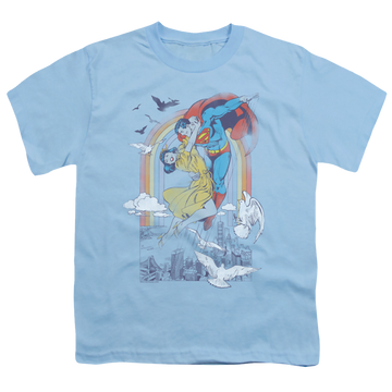 Light blue youth t-shirt for ages 8 to 12 with Superman Rainbow Love graphic