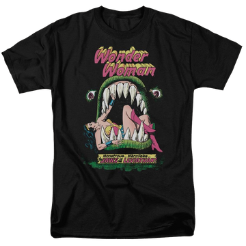 Black men's regular fit t-shirt with Wonder Woman DC Comics Jaws graphic