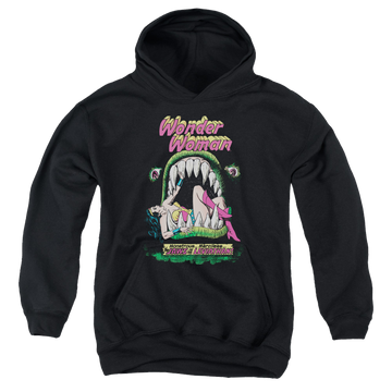 Black youth hoodie for ages 8 to 12 with Wonder Woman Jaws graphic