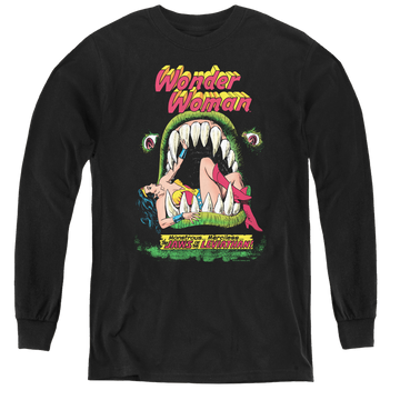 Black youth long sleeve t-shirt with Wonder Woman Jaws graphic