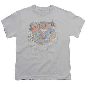 Silver youth t-shirt for ages 8 to 12 with Superman Ripping Steel graphic