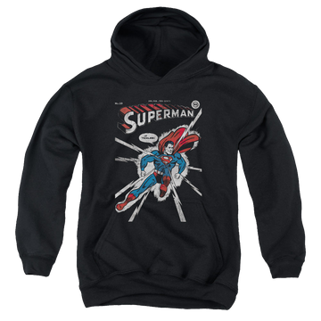 Black youth hoodie for ages 8 to 12 with Superman Cover Me graphic