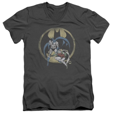 Charcoal men's v-neck t-shirt with Batman DC Comics Team graphic