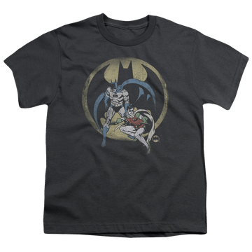 Charcoal youth t-shirt for ages 8 to 12 with Batman Robin Team graphic