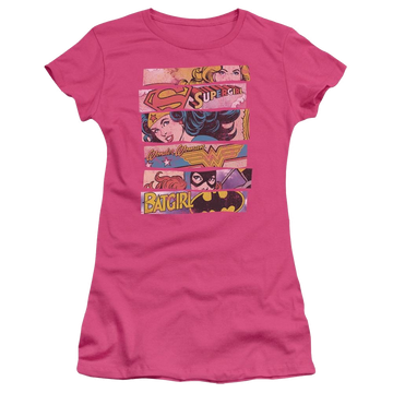 Hot pink juniors t-shirt with Justice League DC Comics Three Of A Kind graphic