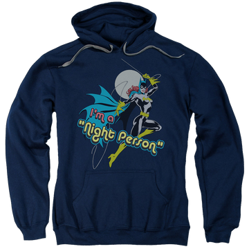 Navy pullover hoodie with Batman Batgirl Night Person graphic