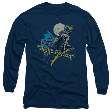 Navy men's long sleeve t-shirt with Batman Batgirl Night Person graphic