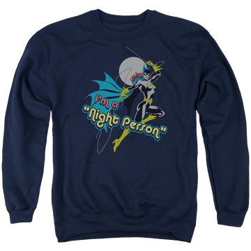 Navy men's crewneck sweatshirt with Batman Batgirl Night Person graphic