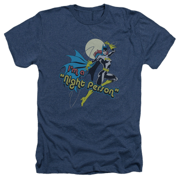 Navy men's heather t-shirt with Batman Batgirl Night Person graphic