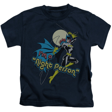 Navy kid's t-shirt for ages 4 to 7 with Batman Batgirl Night Person graphic