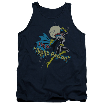 Navy men's tank with Batman Batgirl Night Person graphic