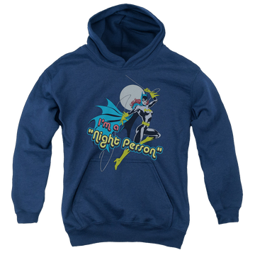 Navy youth hoodie for ages 8 to 12 with Batman Batgirl Night Person graphic