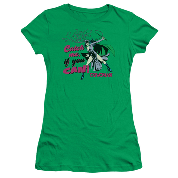 Kelly green juniors t-shirt with Catwoman Catch Me graphic