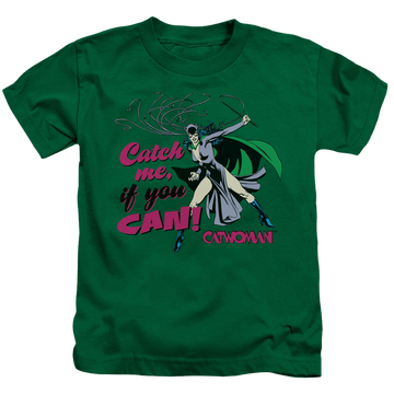 Kelly green kid's t-shirt for ages 4 to 7 with Catwoman Catch Me graphic