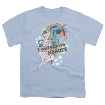 Light blue youth t-shirt for ages 8 to 12 with Superman Fickle graphic