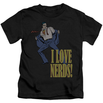 Black kid's t-shirt for ages 4 to 7 with Superman I Love Nerds graphic