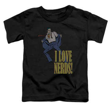 Black toddler t-shirt with Superman I Love Nerds graphic
