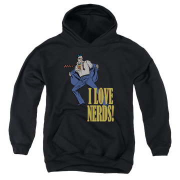 Black youth hoodie for ages 8 to 12 with Superman I Love Nerds graphic