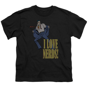 Black youth t-shirt for ages 8 to 12 with Superman I Love Nerds graphic