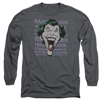 Charcoal men's long sleeve t-shirt with Joker DC Comics Dastardly Merriment graphic