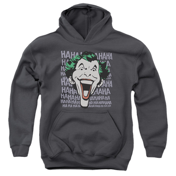 Charcoal youth hoodie for ages 8 to 12 with Joker Dastardly Merriment graphic