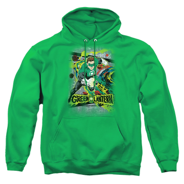 Kelly green pullover hoodie with Green Lantern Space Sector 2814 graphic
