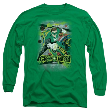 Kelly green men's long sleeve t-shirt with Green Lantern DC Comics Space Sector 2814 graphic