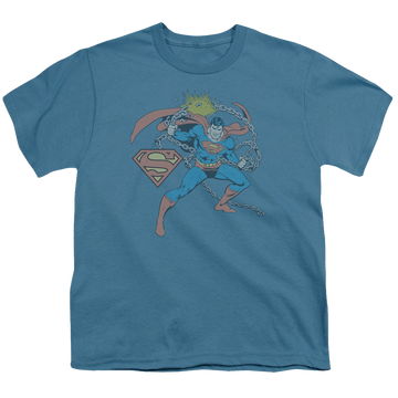 Slate youth t-shirt for ages 8 to 12 with Superman I Hate Chains graphic