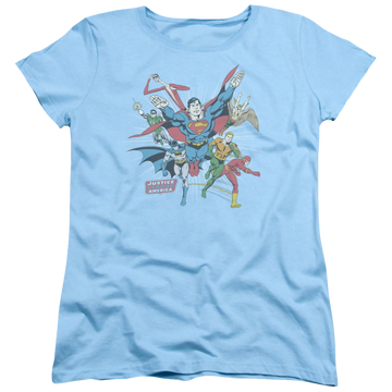 Light blue women's t-shirt with Justice League DC Comics Lead The Charge graphic