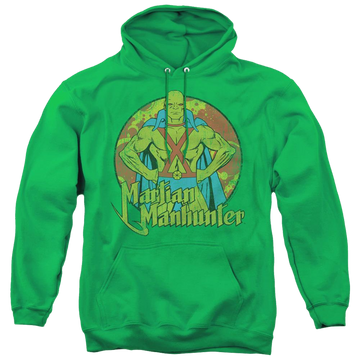 Kelly green pullover hoodie with Martian Manhunter graphic